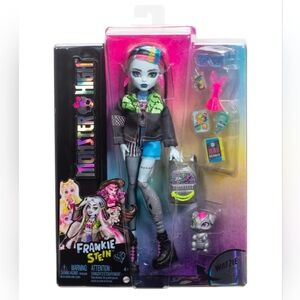 Monster High Frankie Stein Doll in Denim Jacket & Shorts, Includes Pet Dog & Acc